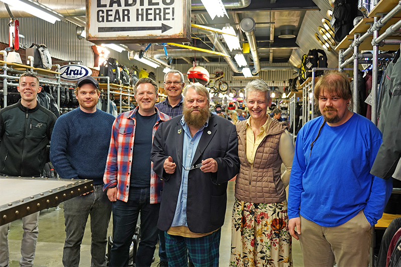 Team in Motolegends shop with Brian Blessed